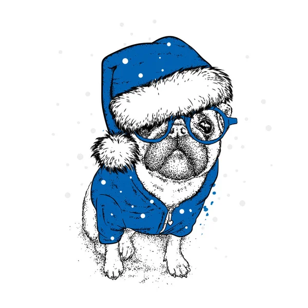 Bir yeni yıl şapka ve atkı şirin köpek yavrusu. Vektör çizim. Safkan köpek. Noel Baba. Yeni yıl ve Noel.