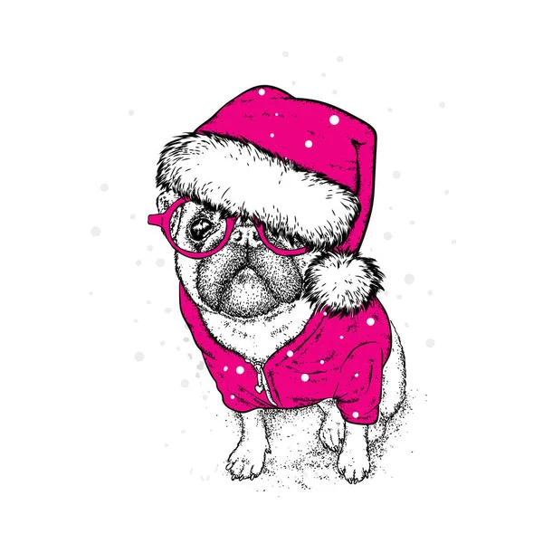 Lindo cachorro en un sombrero de Año Nuevo y bufanda. Ilustración vectorial. Perro de pedigrí. Santa Claus. Año Nuevo y Navidad . — Vector de stock