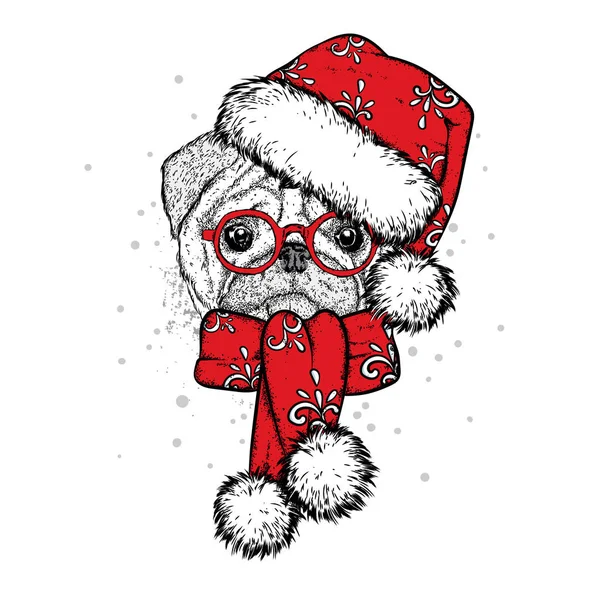 Lindo cachorro en un sombrero de Año Nuevo y bufanda. Ilustración vectorial. Perro de pedigrí. Santa Claus. Año Nuevo y Navidad . — Vector de stock