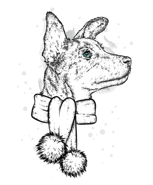 Красивая Собака Новогоднем Шарфе Векторная Иллюстрация Открытки Плаката Новый Год — стоковый вектор
