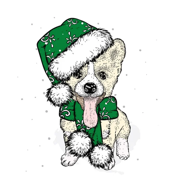 Lindo cachorro en un sombrero de Año Nuevo y bufanda. Ilustración vectorial. Perro de pedigrí. Santa Claus. Año Nuevo y Navidad . — Vector de stock