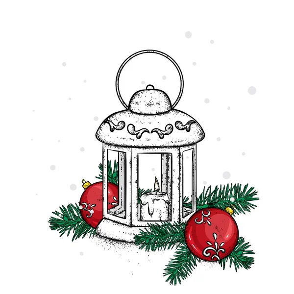 Beautiful vintage lantern with a candle. Lovely bullfinches. Vector illustration. Festive postcard. New Year's and Christmas. A bow and a bump. — Stock Vector