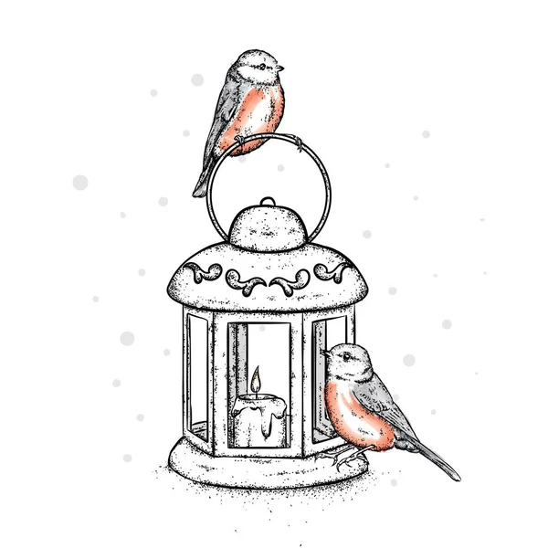 Lâmpada vintage bonita com uma vela e pássaros. Belos bullfinches. Ilustração vetorial. Um postal festivo. Ano Novo e Natal . — Vetor de Stock