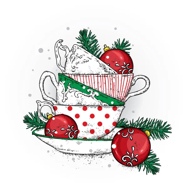 크리스마스 볼 멀티 컬러 빈티지 컵의 스택. 벡터 그림 엽서 또는 포스터에 대 한입니다. 차, 커피 또는 카푸치노입니다. 새 해. — 스톡 벡터