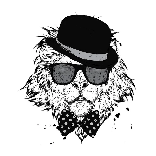 Un hermoso león con corbata, gafas y sombrero. Ilustración vectorial para una postal o un póster, impresión para ropa. León hipster con ropa. Moda & Estilo . — Archivo Imágenes Vectoriales
