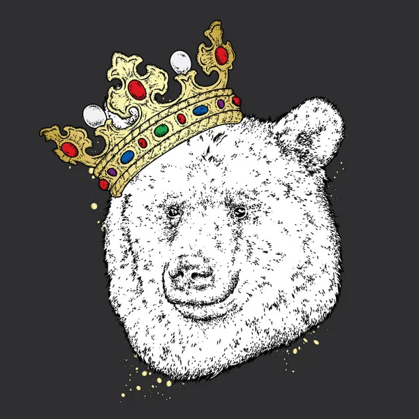 Taç güzel bir ayı. Vektör çizim bir kartpostal veya poster, giysiler için yazdırma için. Predator hippi giysili. Moda ve stil. Komik ayı.