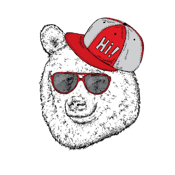 Funny bear with glasses and a cap. Vector illustration for a postcard or a poster, print for clothes. Hipster. Wild animal. — Stock Vector