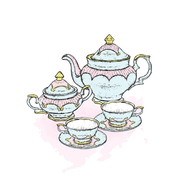 Beautiful vintage set of porcelain. A cup, a kettle and a sugar bowl. Vector illustration for a postcard or a poster. — Stock Vector