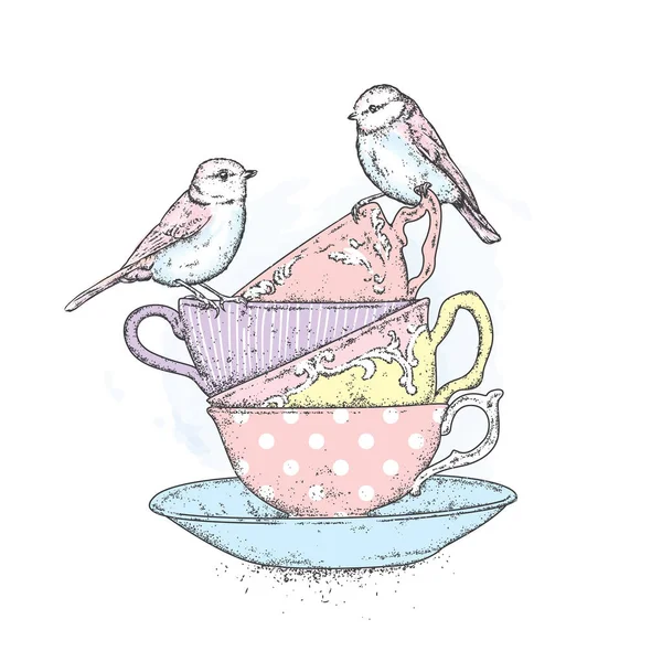 Une pile de tasses vintage et d'oiseaux tendres. Illustration vectorielle pour une carte postale ou une affiche. Thé, café ou cappuccino . — Image vectorielle