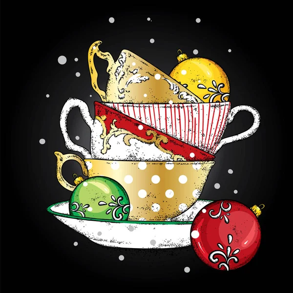 Bir yığın Noel topları ile çok renkli vintage bardak. Vektör çizim için bir kartpostal veya bir poster. Çay, kahve veya kapuçino. Yeni yıl.
