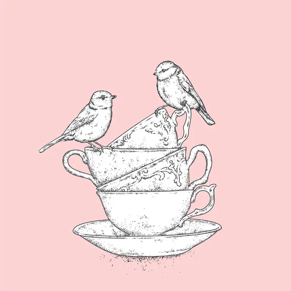 Une pile de tasses vintage et d'oiseaux tendres. Illustration vectorielle pour une carte postale ou une affiche. Thé, café ou cappuccino . — Image vectorielle