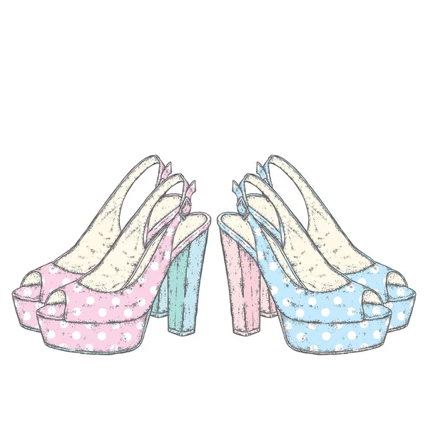 Sandálias femininas bonitas em bolinhas. Ilustração vetorial para um cartão postal ou um cartaz. Moda & Estilo. Sapatos com saltos altos . —  Vetores de Stock