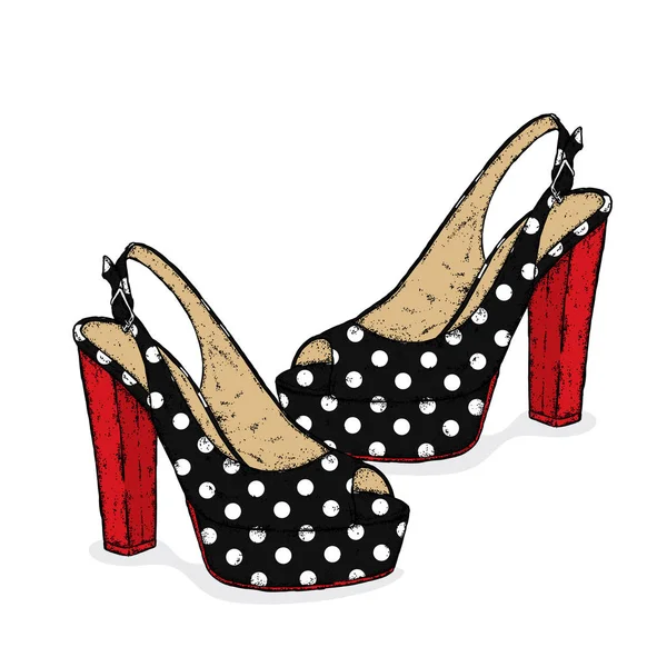 Bellissimi sandali femminili a pois. Illustrazione vettoriale per una cartolina o un poster. Moda e stile. Scarpe con tacchi alti . — Vettoriale Stock