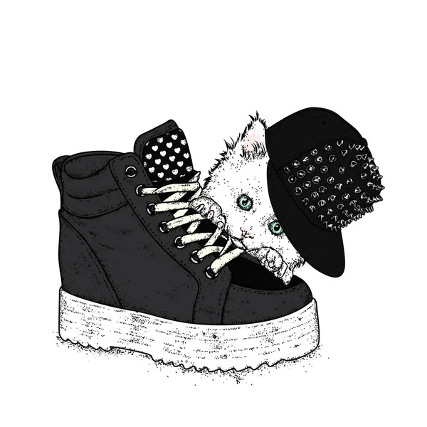 Şık bir kap dikenli de güzel kedi. Bir kedi ve bir kalın taban üzerinde bir spor ayakkabı. Vektör çizim için bir kartpostal veya bir poster. Giysi ve aksesuarları. Moda ve stil.
