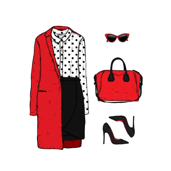 A set of stylish women's clothes .. A coat, a blouse, a skirt, shoes, bags and glasses. Vector illustration. Fashion & Style. — Stock Vector