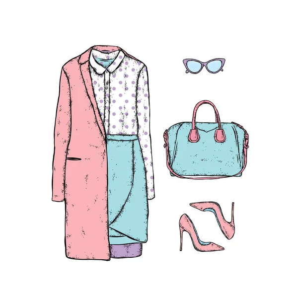 El juego de la ropa de mujer de estilo.. el abrigo, la blusa, la falda, los zapatos, las bolsas y los cristales. Ilustración vectorial. Moda & Estilo . — Vector de stock