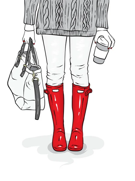 Las botas de goma de estilo, los vaqueros, la bolsa y el jersey. Patas femeninas en ropa y zapatos elegantes. Ilustración vectorial para una postal o un póster, impresión para ropa. Primavera u otoño . — Vector de stock