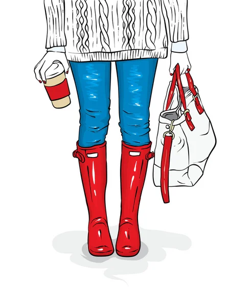 Stylowe kalosze, dżinsy, torbę i sweter. Kobiece nogi w stylowe ubrania i buty. Ilustracja wektorowa pocztówka lub plakat, nadruk na odzieży. Wiosną lub jesienią. — Wektor stockowy