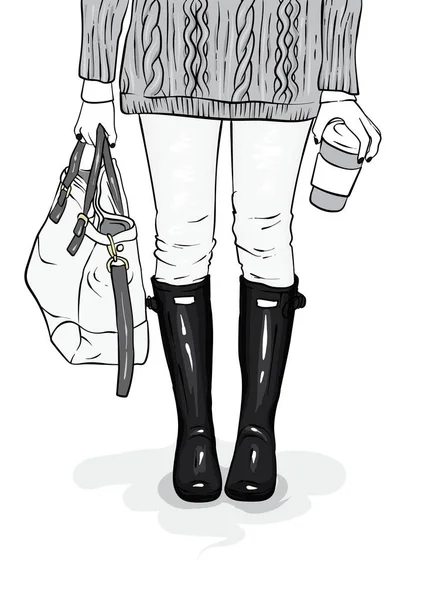 Şık lastik çizme, kot pantolon, bir çanta ve bir kazak. Kadın bacakları şık giysiler ve ayakkabı. Vektör çizim bir kartpostal veya poster, giysiler için yazdırma için. Bahar ya da sonbahar.