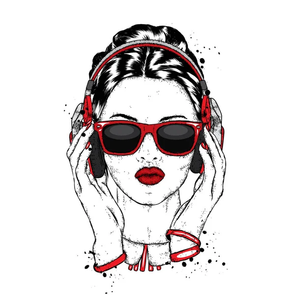 A beautiful girl in sunglasses and headphones. Vector illustration for a postcard or a poster, print for clothes. Fashion & Style. — Stock Vector