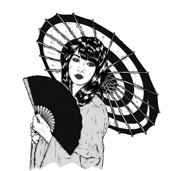 Beautiful Asian girl in kimono and with a fan and umbrella. Vector illustration for a postcard or a poster. Print on clothes. Fashion & Style. Human. Japan and China. — Stock Vector