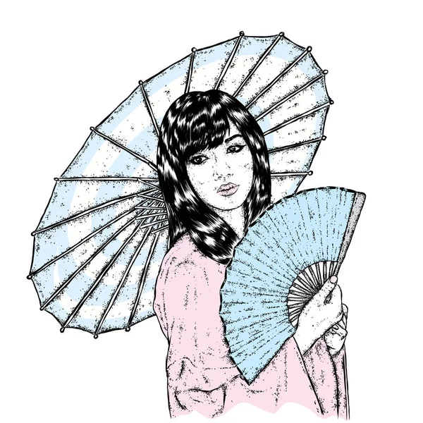 Beautiful Asian girl in kimono and with a fan and umbrella. Vector illustration for a postcard or a poster. Print on clothes. Fashion & Style. Human. Japan and China. — Stock Vector