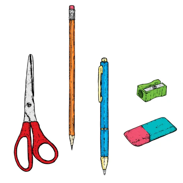 Diseño confeccionado de postal o póster "Volver a la escuela". Ilustración vectorial con lápices, bolígrafos. Papelería multicolor . — Vector de stock