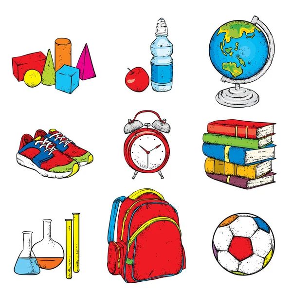 Güzel okul kümesi sağlar. Geometrik şekiller, elma, dünya, spor ayakkabıları, top, çalar saat, kitaplar ve kimyasal şişe ile su. Vektör çizim için bir kartpostal veya bir poster. Okula dönüş.