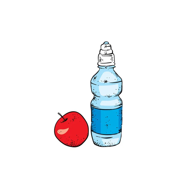 Schöne bunte Flasche mit Wasser und Apfel. Vektorillustration. Schule oder Universität, Ausbildung. — Stockvektor