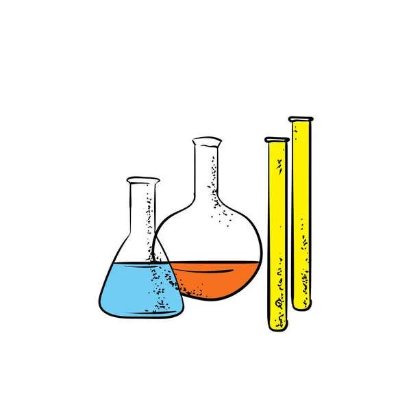 Krásné zkumavky a baněk pro chemii. Vektorové ilustrace. Škola nebo univerzita, vzdělání. — Stockový vektor