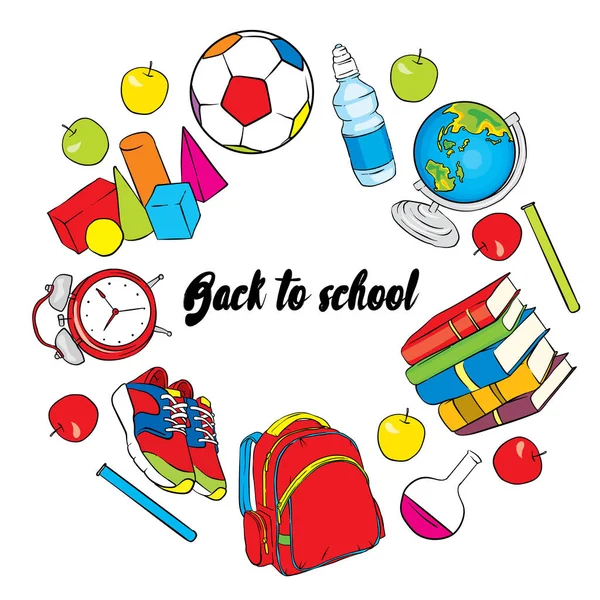 A set of beautiful school supplies. Geometric shapes, water with apple, globe, sneakers, ball, alarm clock, books and chemical flasks. Vector illustration for a postcard or a poster. Back to school. — Stock Vector