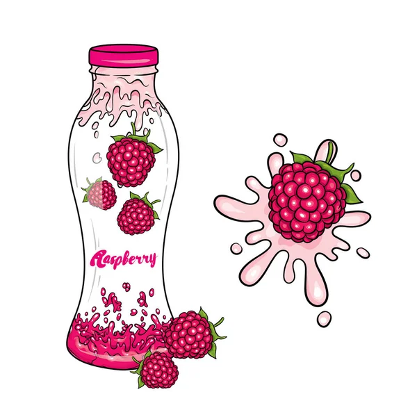 Hazır etiket tasarımını ve yoğurt bir şişe. Gerçekçi illüstrasyon. Beyaz arka plan üzerinde izole vektör çizim. Çilek ve yoğurt. Ahududu.