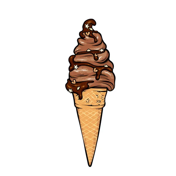 Beautiful ice cream in a waffle horn. Vector illustration for a postcard or a poster, print for clothes. A realistic drawing. — Stock Vector