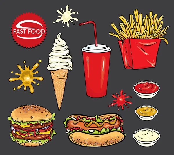 Conjunto de comida rápida. Perro caliente realista, hamburguesa, helado, un vaso con soda y manchas de ketchup, mostaza y mayonesa. Elementos vectoriales de diseño de menú o estilo corporativo de un restaurante o cafetería . — Archivo Imágenes Vectoriales