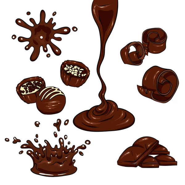 Een set van chocolade. Vector snoep, chips, bars en chocolade vlekken en vegen. Gesmolten chocolade. — Stockvector