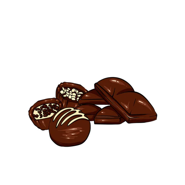 Um conjunto de chocolate. Doces de vetor, batatas fritas, barras e manchas de chocolate e manchas. Chocolate derretido . — Vetor de Stock