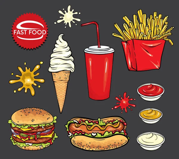 Set of fast food. Realistic hot dog, hamburger, ice cream, a glass with soda and blots of ketchup, mustard and mayonnaise. Vector elements of menu design or corporate style of a restaurant or cafe. — Stock Vector