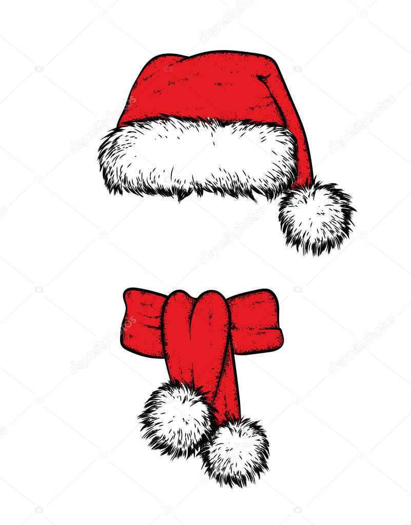 Christmas hat and scarf. Vector illustration for a postcard or a poster. Santa's cap.
