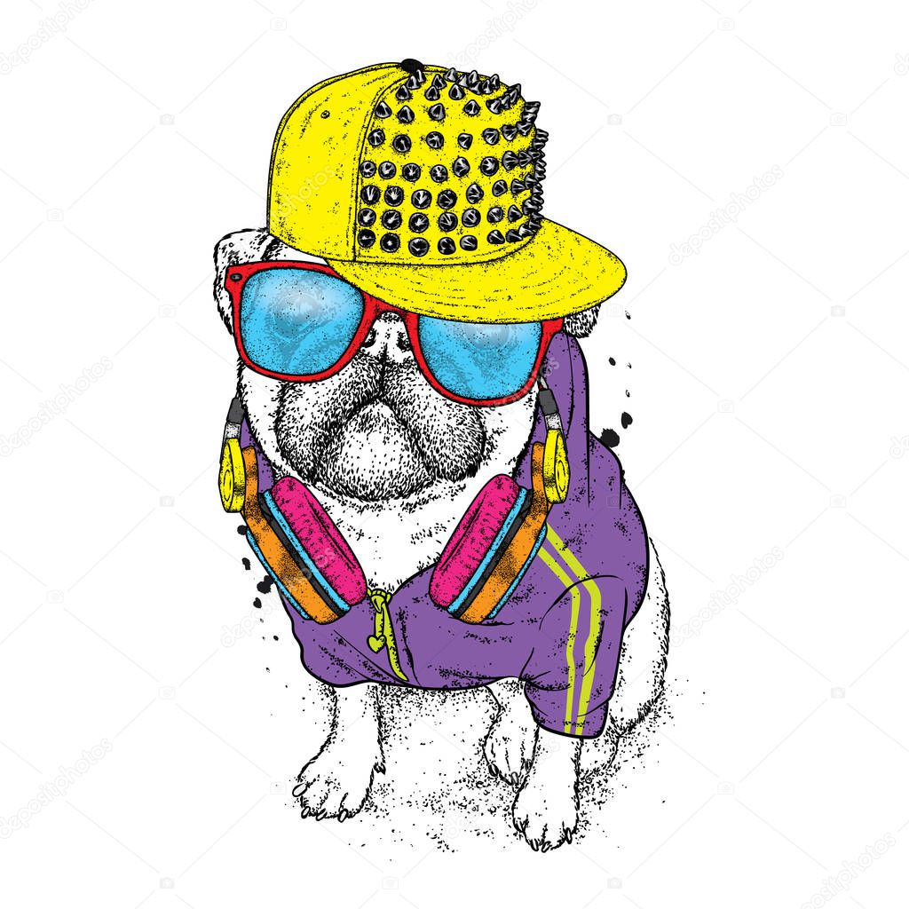 Beautiful pug in a jacket, a cap with spikes and headphones. Vector illustration for a postcard or a poster, print for clothes. Dog hipster in clothes. Fashion & Style. Funny puppy.