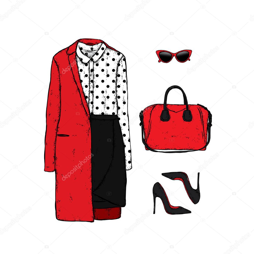 A set of stylish women's clothes .. A coat, a blouse, a skirt, shoes, bags and glasses. Vector illustration. Fashion & Style.