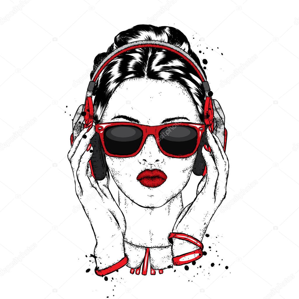 A beautiful girl in sunglasses and headphones. Vector illustration for a postcard or a poster, print for clothes. Fashion & Style.