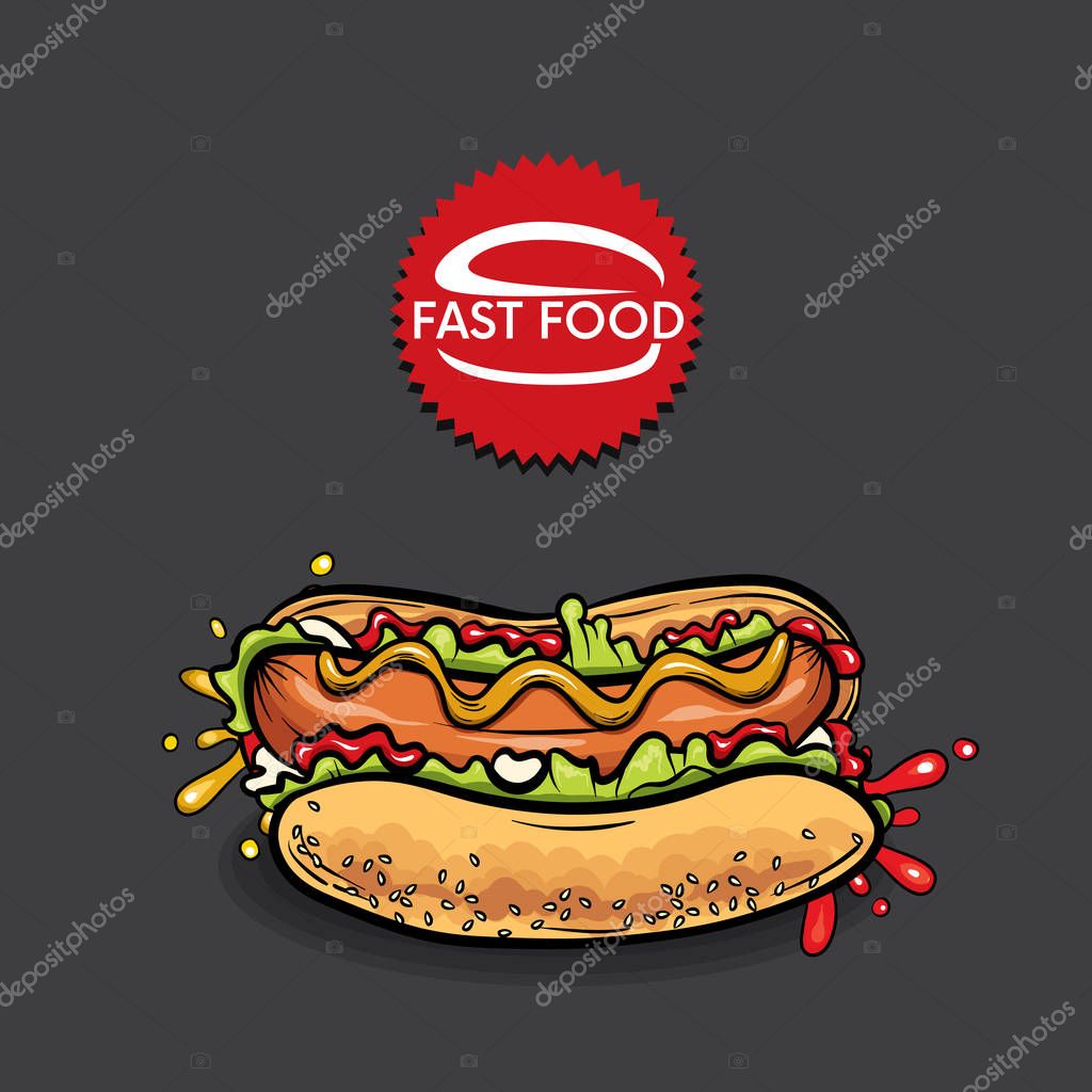 Beautiful realistic hot dog. Vector illustration for a logo, menu or corporate identity design of a cafe or restaurant. Fast food.