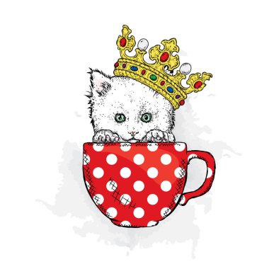 Taç de güzel kedi içine oturur. Vektör çizim için bir kartpostal veya poster, giysiler için yazdırma.
