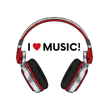 Güzel kulaklıklar. Bir kartpostal ya da poster için vektör çizimi, giysiler için baskı. Müzik ve ses. Müziği seviyorum..