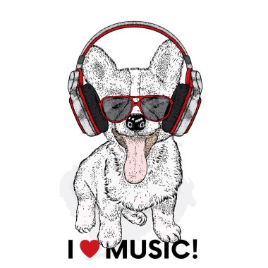 Kulaklığımda şirin köpek yavrusu. Vektör çizim bir kartpostal veya poster, giysiler için yazdırma için. Safkan köpek.