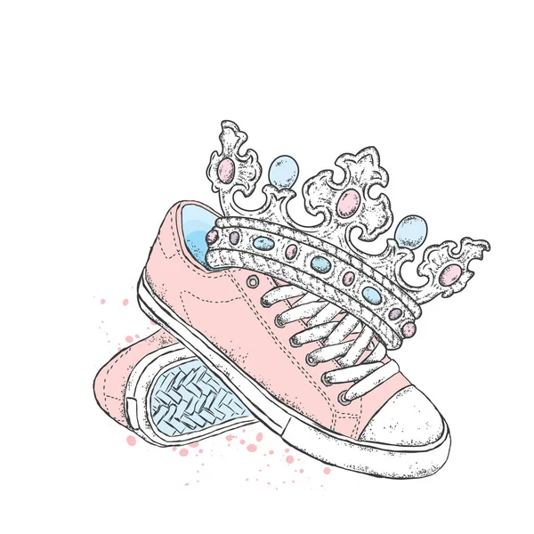 Hermosa corona y zapatillas. Una ilustración en rampa para una postal o un póster, una impresión en la ropa. Moda & Estilo . — Vector de stock