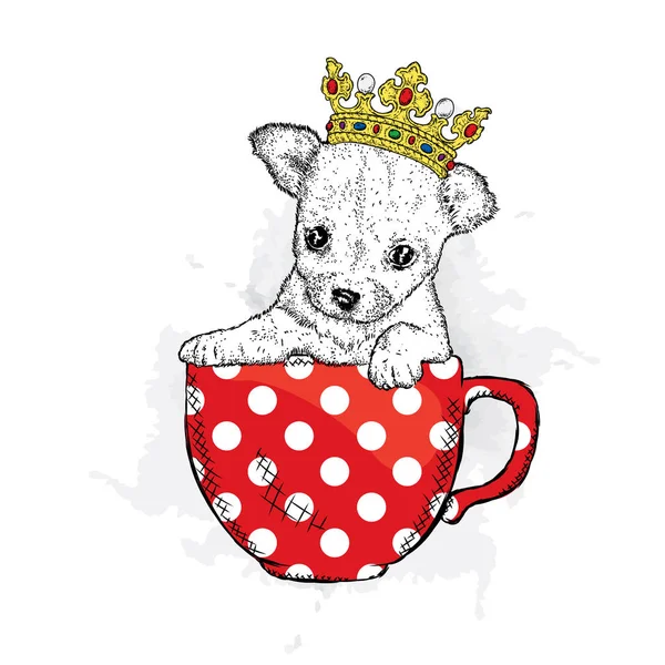 Cute puppy z koroną siedzi w Pucharze. Drukuj ilustracja wyka pocztówka lub plakat, na ubrania. Rodowód psa. Chihuahua. — Wektor stockowy