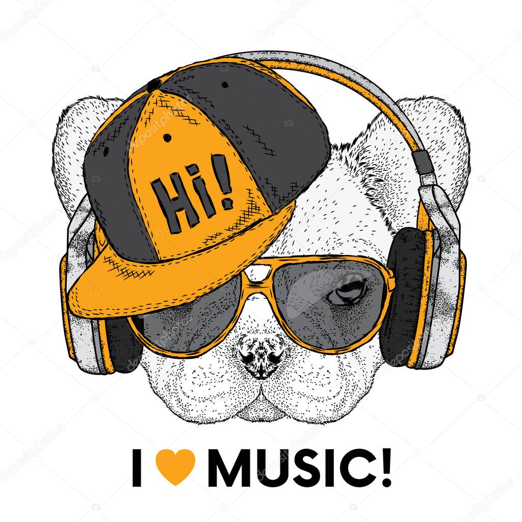 Cute bulldog with headphones. Vector illustration for a postcard or a poster, print for clothes. Pedigree dog. A handsome puppy.