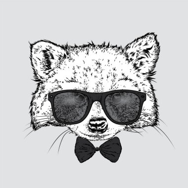 Şirin bir rakun gözlük ve bir kravat. Vektör çizim bir kartpostal veya poster, giysiler için yazdırma için. Vahşi hayvan giysili.
