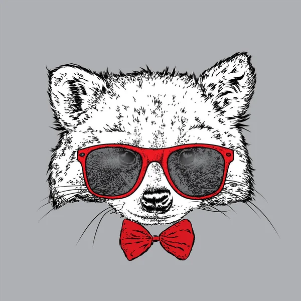 戴着眼镜，一条领带的可爱浣熊。矢量图的一张明信片或海报，打印的衣服。野生动物中的衣服. — 图库矢量图片